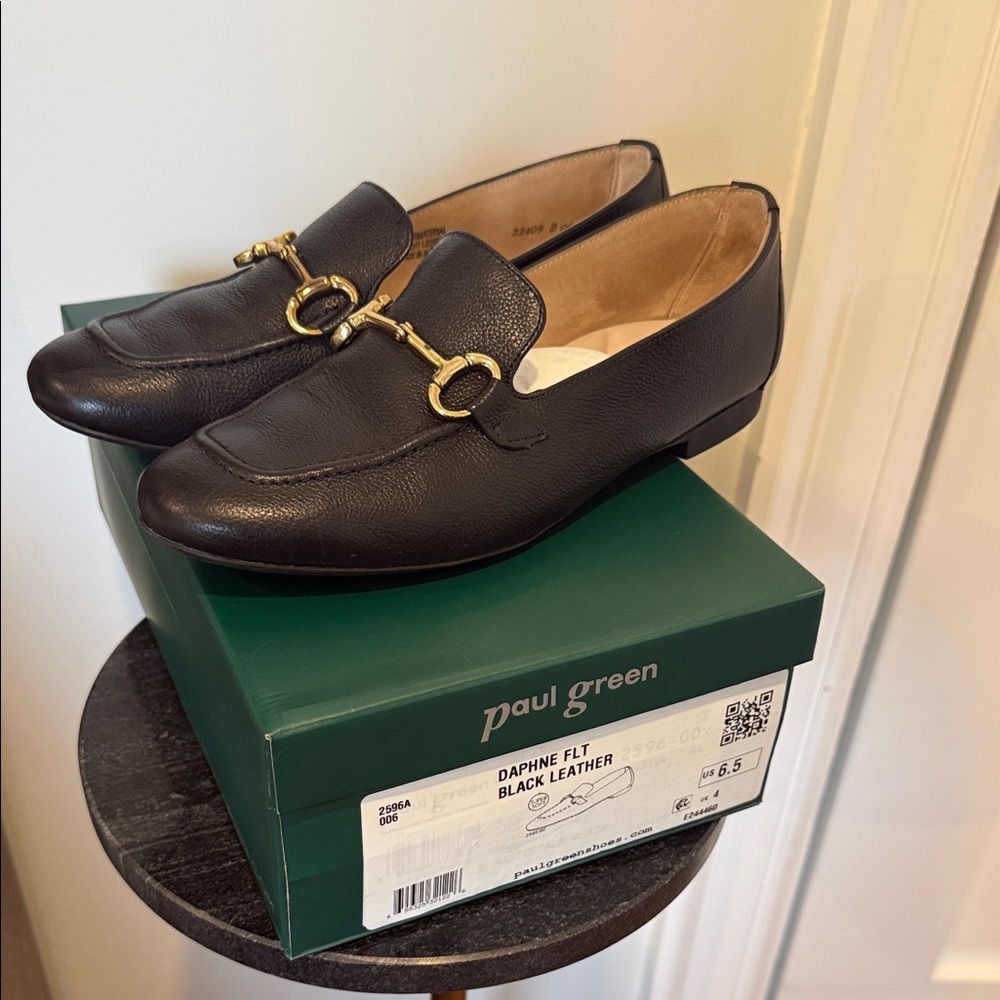 Paul Green Black Leather Women's Loafers with Gold Accent